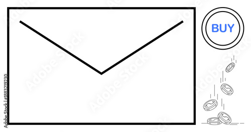 Email marketing, e-commerce, online shopping, digital transactions, financial communication, customer engagement. an envelope, buy button and falling coins. Email marketing and e-commerce concepts