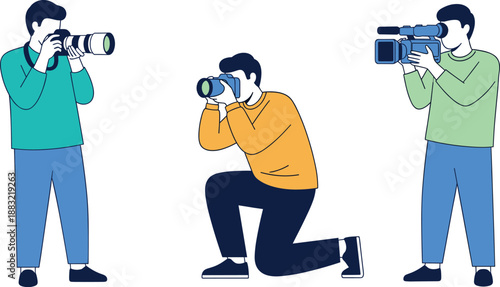 Vector illustration featuring professional male photographers and a videographer with DSLR cameras and video equipment in flat design