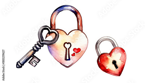 Delicate watercolor key and heart lock, light sketch style
