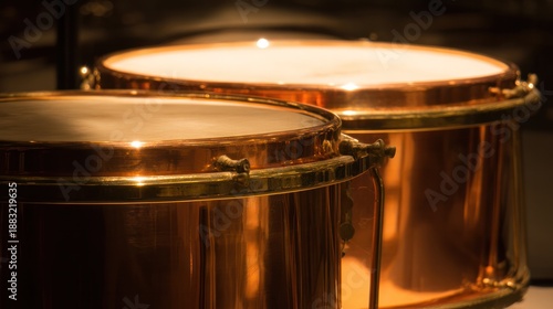 A pair of polished copper kettledrums with taut drumheads gleaming under focused stage lighting. product launch decks.