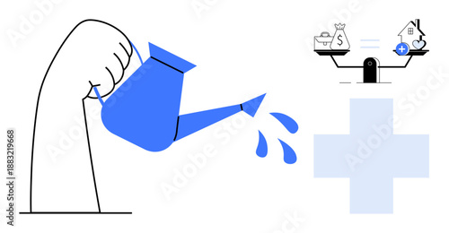 Financial investment. A hand watering symbol of growth, balance between money and health, and overall wellbeing. Financial investment connects budget management and life balance. Use for finance