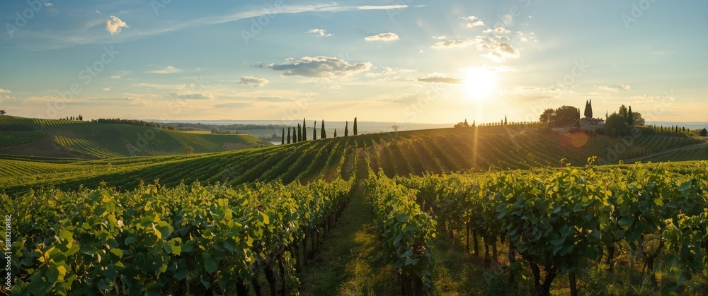 Fototapeta premium Italy's Tuscany region with Grape and Olive Fields: Agriculture, Tourism, and Travel Guide for a Beautiful European Summer Vacation