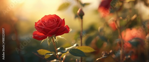 Vivid red rose blossoming in verdant garden