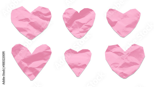 Set of pink paper hearts on transparent background, dotted halftone collage elements with gritty texture of crumpled paper, jagged edges. Vintage love and romance, cute stickers. Vector