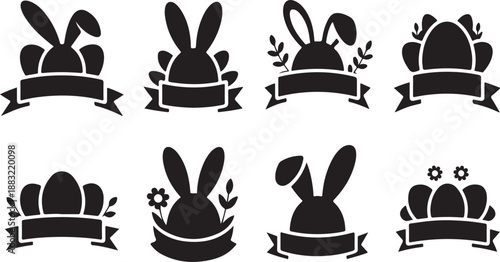 Easter Bunny Silhouettes with Eggs and Banners illustration themed
