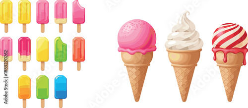 Vector illustration mega-set featuring diverse colorful popsicles and detailed ice cream waffle cones for summer dessert shop menus