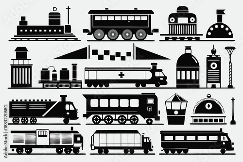 Black and white illustration various train transportation vehicles and railway infrastructure elements