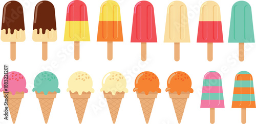 Vector illustration mega-set featuring diverse flat design popsicles and single scoop ice cream waffle cones for summer menus