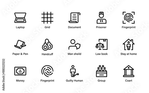 Professional judicial system symbols including trials, legal paperwork, ethics control and government authority