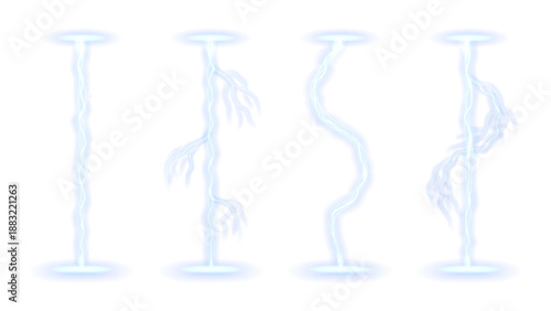 Set of realistic bright glowing lightnings. Effect of bright electric discharge of blue lightning isolated on light checkered background. Vector bright glowing lightning effect or thunderstorms.