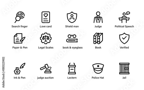 Professional justice system symbols covering police search, legal evidence, courtroom authority and official case records