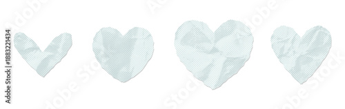 Set of various crumpled heart shapes in white color on a transparent background. Vintage cute paper decor elements for Valentine s day design. Vector.