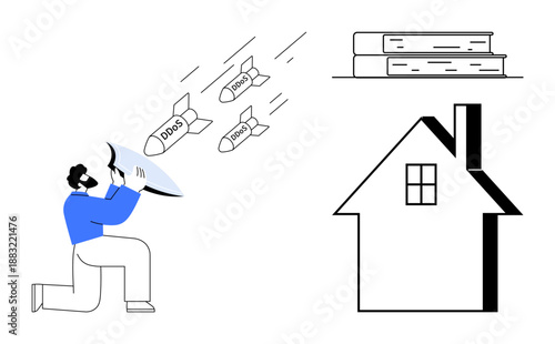 Cybersecurity, online threats, DDoS attacks, digital safety, data protection, network security. Man shielding against attacks, books and a house illustration. Cybersecurity and online threats