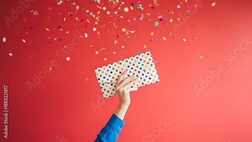 A hand releasing confetti into the air with a polka dot envelope