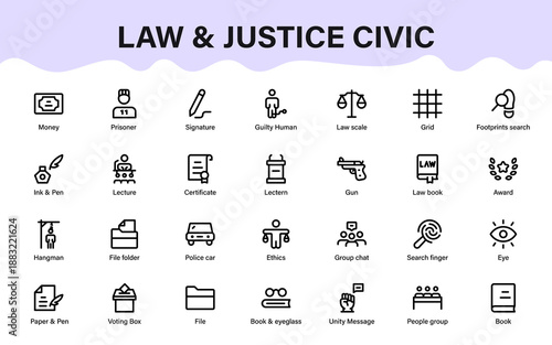 Justice and civic system icons featuring law enforcement, ethics, voting, legal documents, communication, crime, and authority symbols