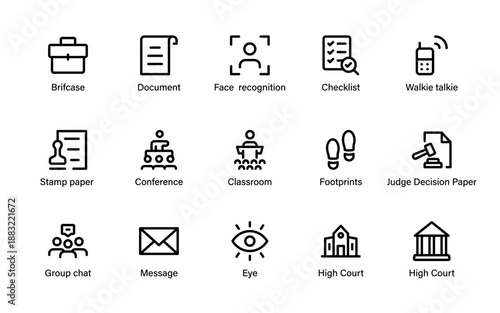 Professional law enforcement, court procedure, ethics, police protection, legal documents and judicial decision symbol collection