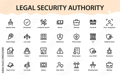 Legal security and law enforcement icons set featuring justice symbols, police protection, investigation tools, identity and authority concepts