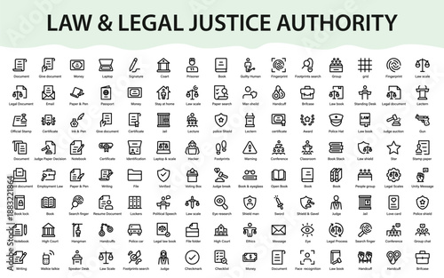 Legal justice and law enforcement icon set featuring court, police, documents, security, investigation, compliance and judicial process symbols