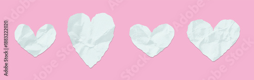 Set of different shaped white hearts of torn out crumpled paper. Cut hearts in pop art style with torn edge. Vintage elements with wrinkled paper texture for Valentines Day collage. Vector