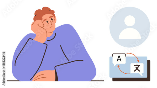 Language translation, communication tools, multilingual learning, global connection, online education, cultural exchange. Person thinking near translation symbols. Language translation