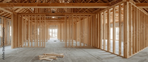 Recently built home featuring an unfinished interior with timber framing and support beams made of wood studs