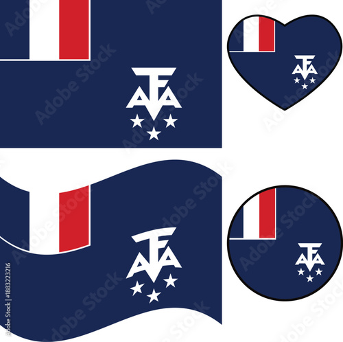 French Southern and Antarctic Lands flag icon. Waving flag of French Southern and Antarctic Lands. Heart French Southern and Antarctic Lands flag. Round French Southern and Antarctic Lands flag. 