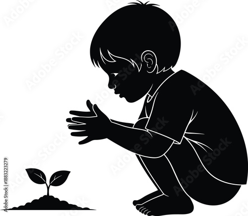 Black silhouette of child crouching looking at small plant sprout, minimalist kid gardening illustration, growth and nature education concept vector,