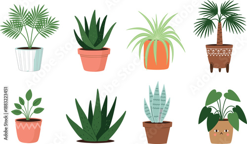 Vector illustration mega-set featuring diverse indoor houseplants potted succulents palms and whimsical character planters for home decor