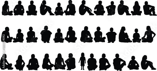 Silhouette illustration of diverse people sitting in various poses, adults and children together, symbolizing community, diversity, posture, and interaction