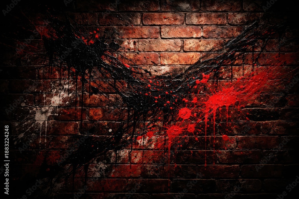 Obraz premium Red brick wall with textured surface and colorful black and red paint splash patterns
