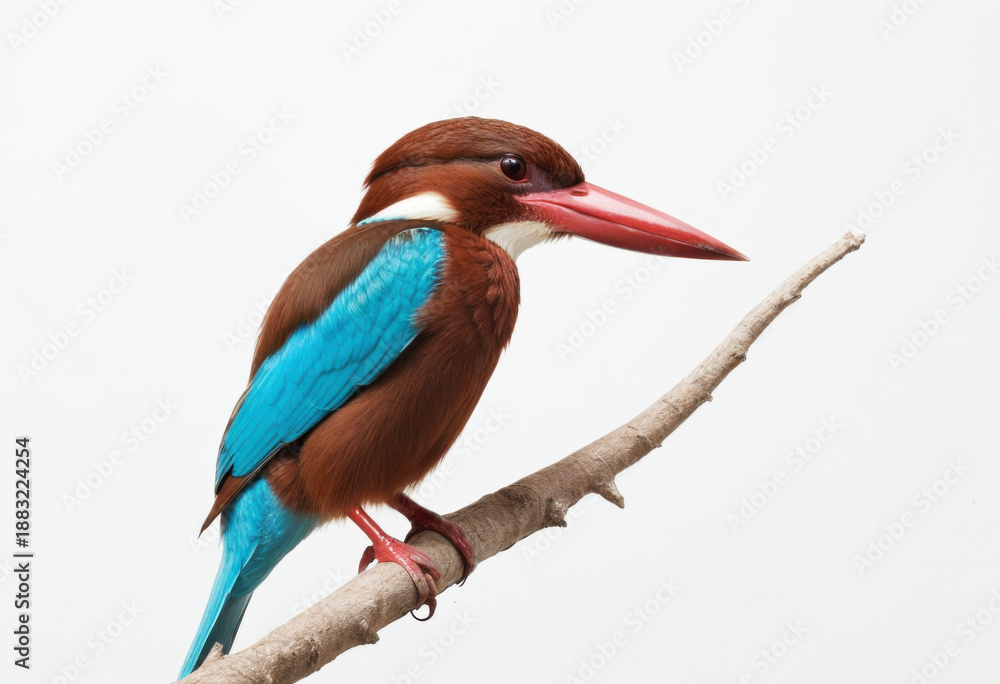 Obraz premium White-throated Kingfisher, small bird with massive red beak, perched on a branch, on white background