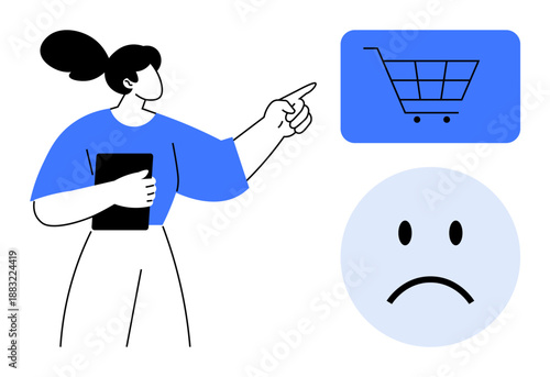 Online shopping issues. A woman points to a shopping cart symbol while holding a tablet next to a sad face. Online shopping highlights challenges thumbs up dissatisfaction, errors. For e-commerce