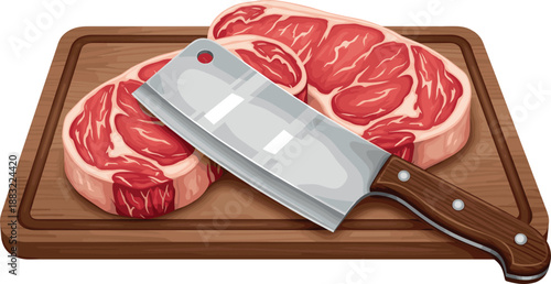 Two fresh raw beef steaks and a sharp metal meat cleaver on a wooden cutting board vector illustration for butchery.