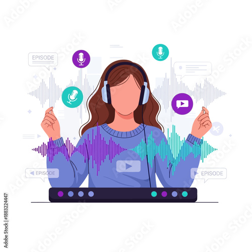 Female podcaster wearing headphones engages with digital audio waveforms and episode controls representing modern media creation and broadcast technology.
