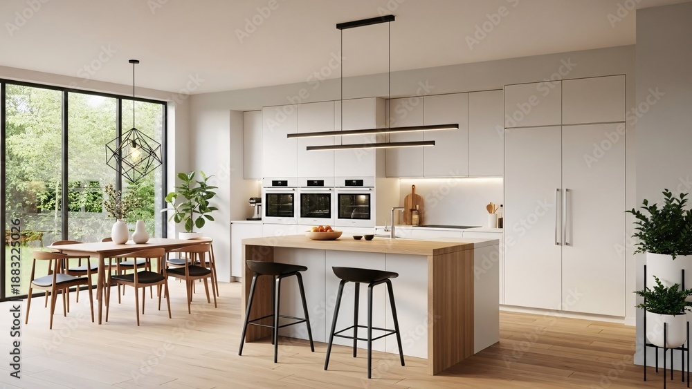 Obraz premium Modern kitchen with island and dining area near large windows