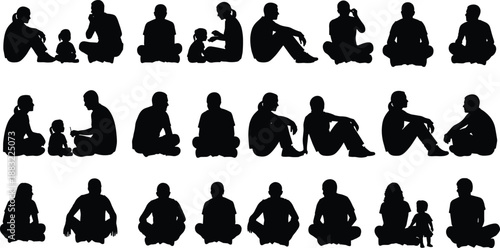 Silhouette illustration of diverse people sitting in various poses, adults and children together, symbolizing communication, parenting, companionship, and social interaction