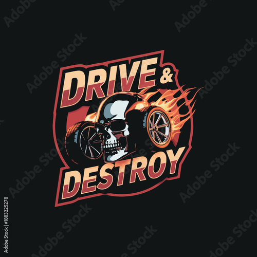 Dynamic drive and destroy skull with flaming tires, perfect for hot rod, racing, and aggressive automotive themes