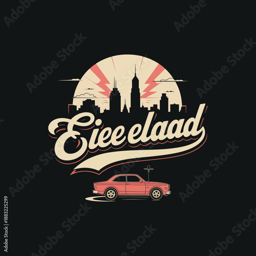 Retro cityscape and vintage car with custom typography Eieeelaad, ideal for automotive events and city-themed apparel