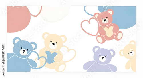 Cute pastel teddy bears and hearts illustration for baby shower or nursery decor.