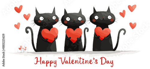 Three cartoon black cats holding red hearts with floating additional hearts against a white background. Three black cats holding hearts celebrating Valentine's Day