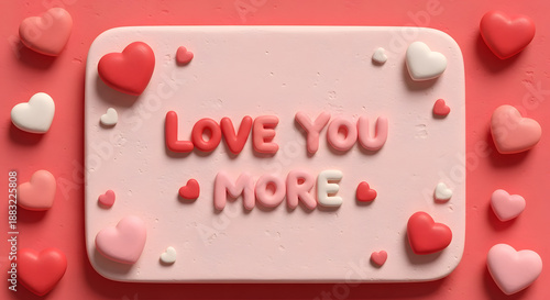 A sweet pink plaque with raised 'LOVE YOU MORE' text, surrounded by numerous small red, pink, and white heart candies, set against a vibrant pink background.