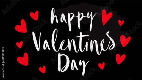 White handwritten Happy Valentines Day text surrounded by red hearts on a black background. Happy Valentines Day greeting text with red hearts