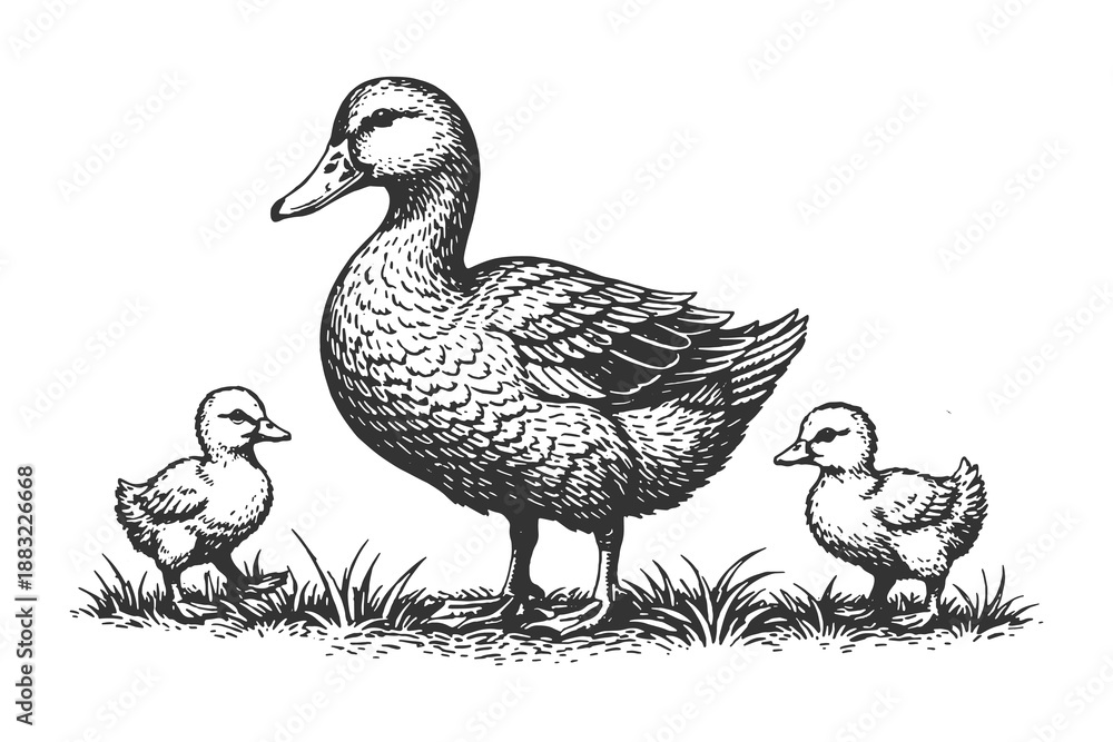 Obraz premium Mother duck with her cute ducklings walking on grass in vintage hand-drawn line art engraving style, farm wildlife nature vector illustration for design.