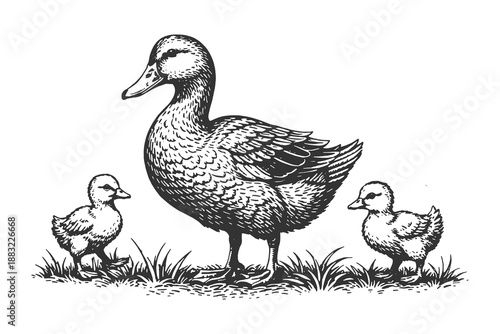 Mother duck with her cute ducklings walking on grass in vintage hand-drawn line art engraving style, farm wildlife nature vector illustration for design.