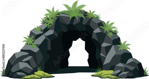 Vector illustration featuring a dark cave entrance formed by jagged grey rocks with green ferns and mossy vegetation