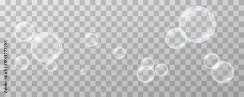 Collection of realistic soap bubbles. Holiday bubbles.Network of realistic soap bubbles Png, 3D graphics glare and transparency effect. Vector flying soap bubbles.