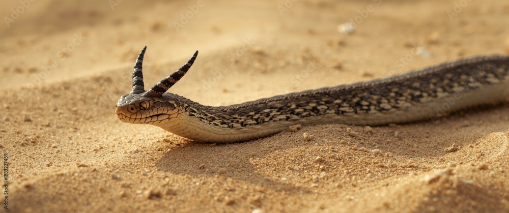 Fototapeta premium The venomous viper species Cerastes cerastes, commonly called the Saharan Horned Viper or Desert Horned Viper, inhabits deserts across North Africa and sections of the Middle East