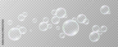 Soap Bubbles are located on a transparent background . Collection of realistic bubbles, 3D soap balloon. Foam, powder, Png, soap, detergen, Vector flying bubbles.