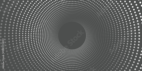 Abstract digital tunnel with glowing white dots on a dark grey background creating a futuristic vortex effect.