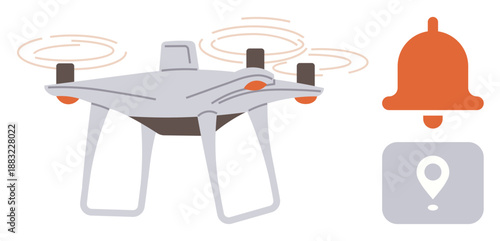 quadcopter delivery, technology, geolocation, alert notification, remote monitoring, safety systems. Image shows a quadcopter Quadcopter with a bell and location symbols. Drone delivery
